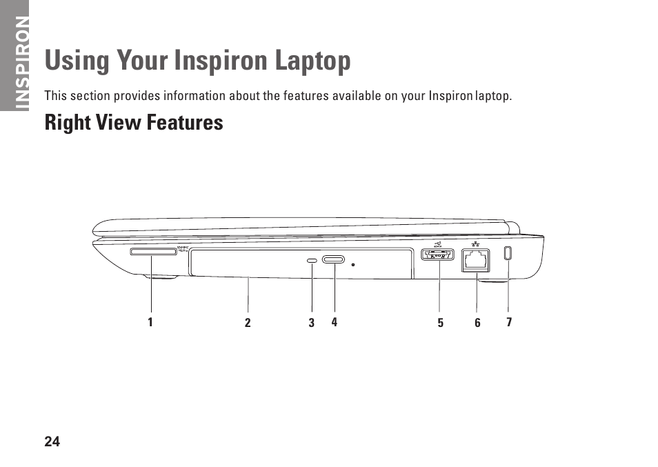 Using your inspiron laptop, Right view features, Inspiron | Dell Inspiron 15 (M5010, Early 2010) User Manual | Page 26 / 96