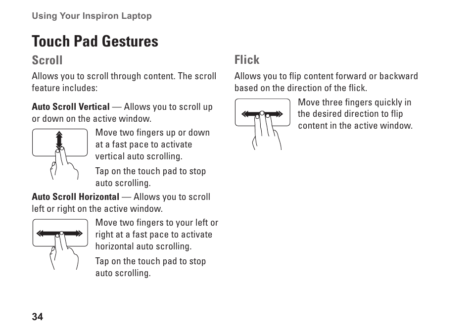 Touch pad gestures, Scroll, Flick | Dell Inspiron 15 (M5010, Early 2010) User Manual | Page 36 / 96