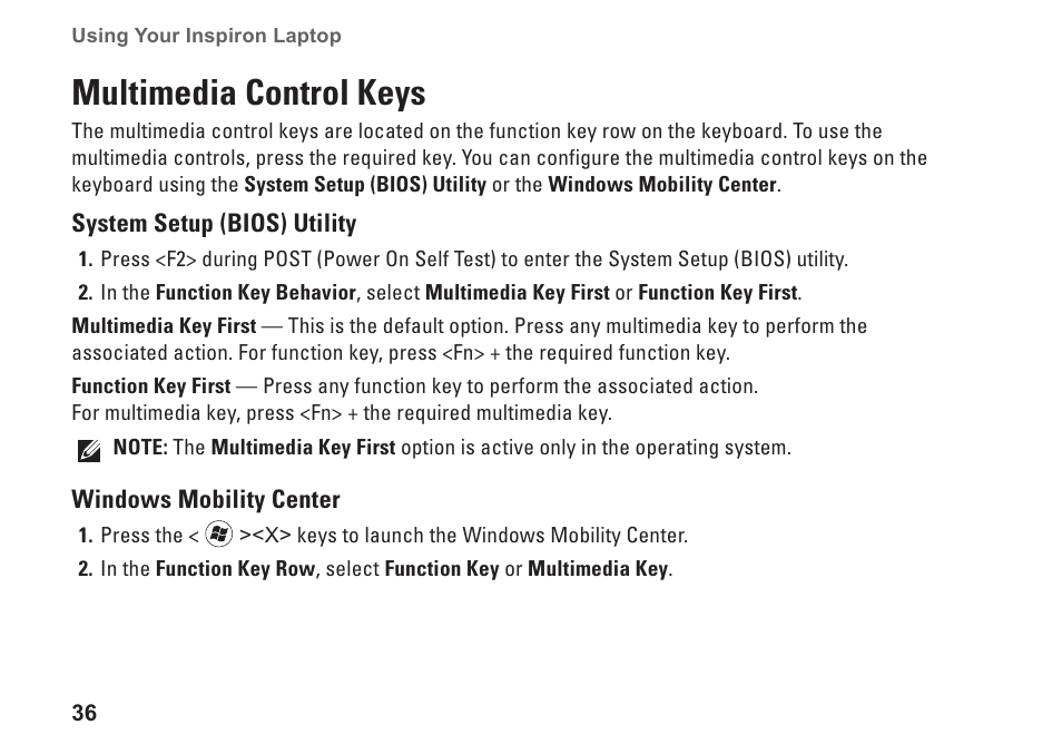 Multimedia control keys | Dell Inspiron 15 (M5010, Early 2010) User Manual | Page 38 / 96