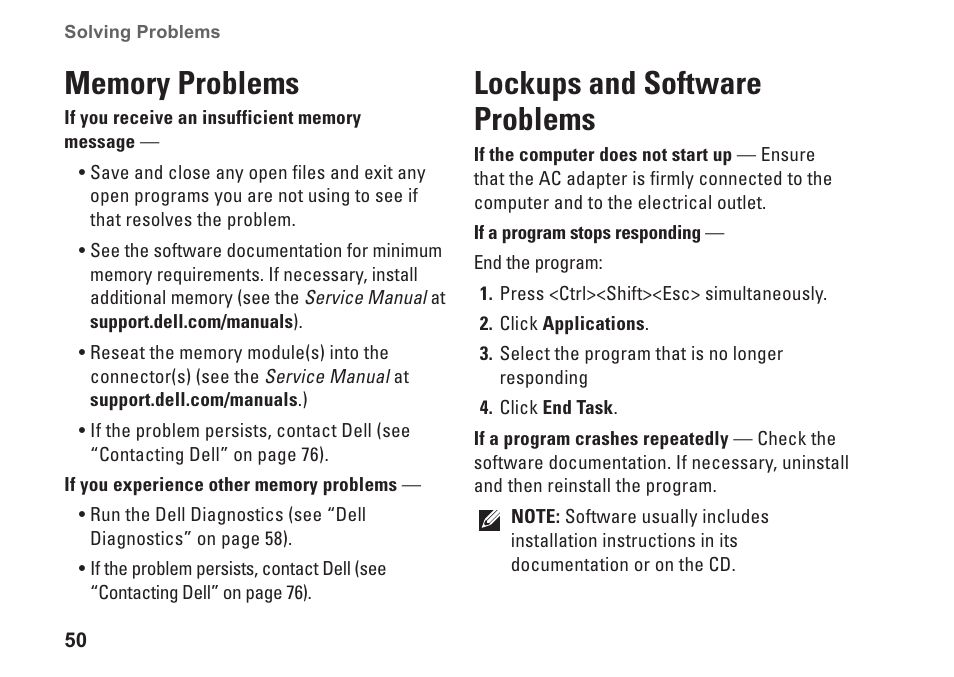 Memory problems, Lockups and software problems, Memory problems lockups and software problems | Dell Inspiron 15 (M5010, Early 2010) User Manual | Page 52 / 96