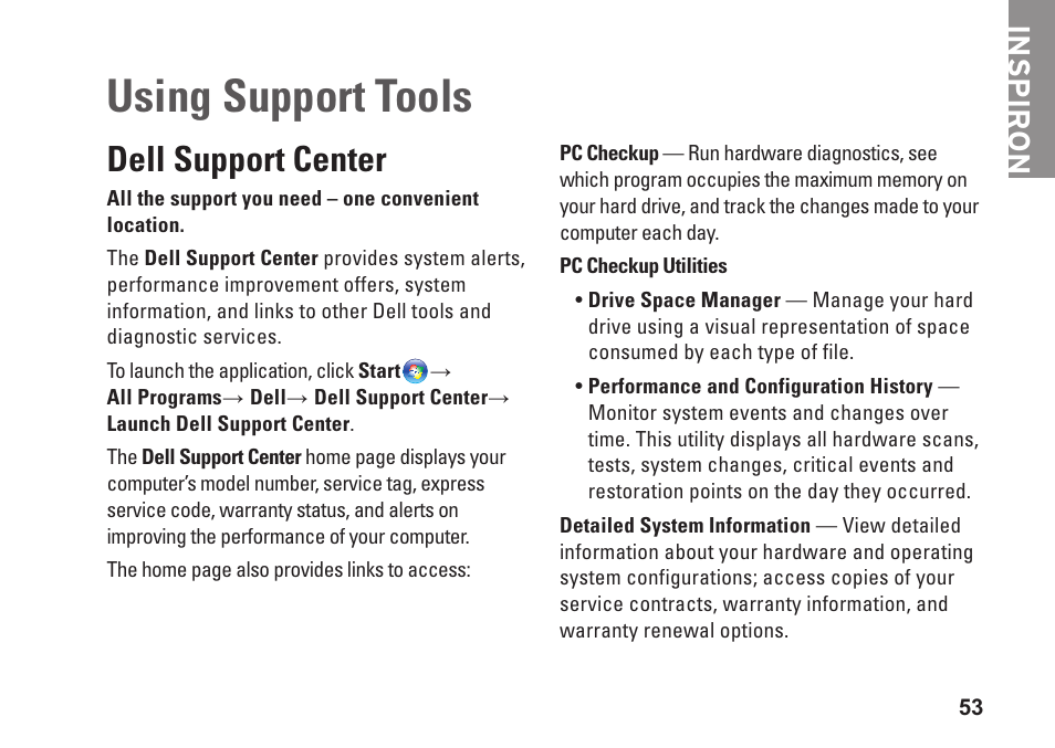 Using support tools, Dell support center, Inspiron | Dell Inspiron 15 (M5010, Early 2010) User Manual | Page 55 / 96