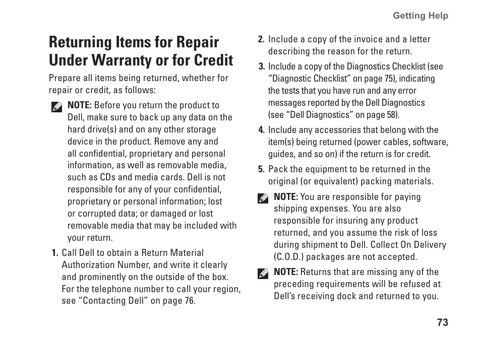 Returning items for repair under, Warranty or for credit | Dell Inspiron 15 (M5010, Early 2010) User Manual | Page 75 / 96