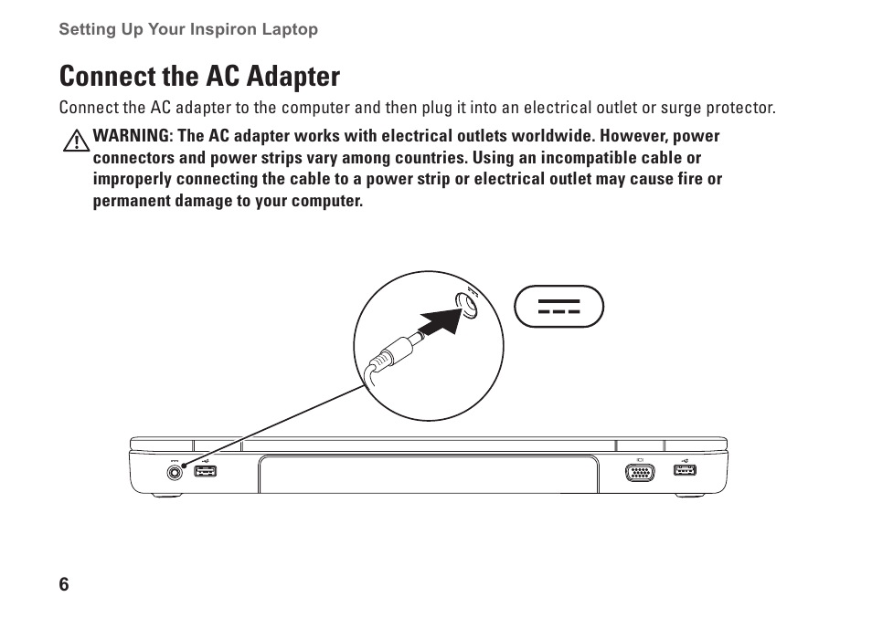 Connect the ac adapter | Dell Inspiron 15 (M5010, Early 2010) User Manual | Page 8 / 96