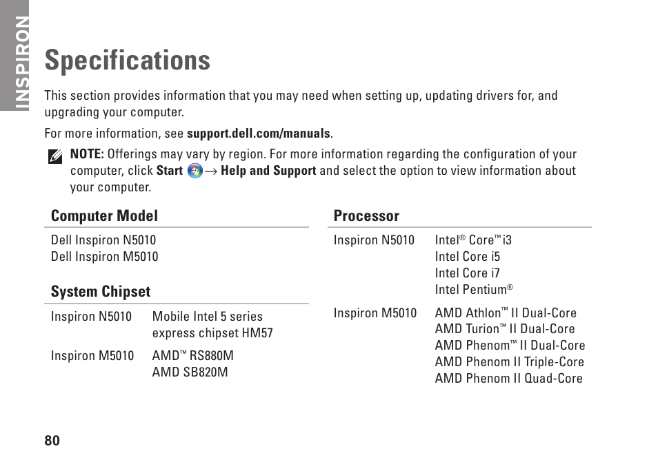 Specifications, Inspiron | Dell Inspiron 15 (M5010, Early 2010) User Manual | Page 82 / 96