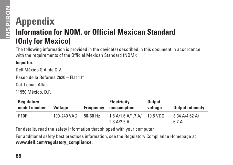 Appendix, Information for nom, or official mexican, Standard (only for mexico) | Inspiron | Dell Inspiron 15 (M5010, Early 2010) User Manual | Page 90 / 96