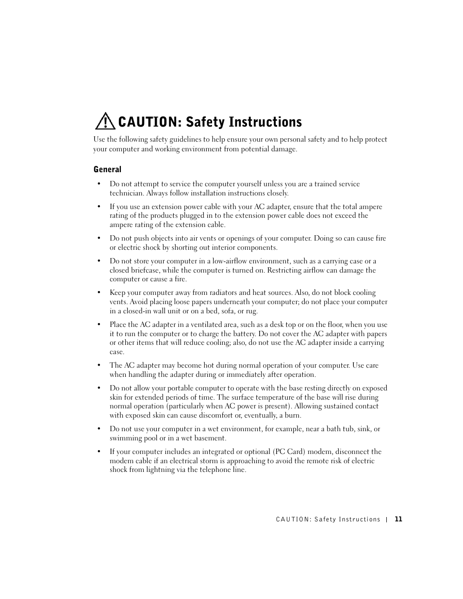 Caution: safety instructions, General | Dell Inspiron 5100 User Manual | Page 11 / 160