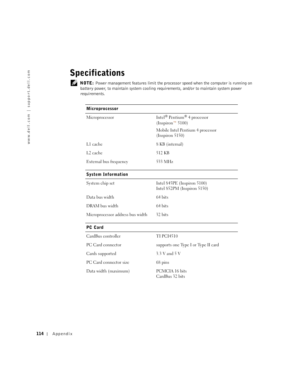 Specifications | Dell Inspiron 5100 User Manual | Page 114 / 160