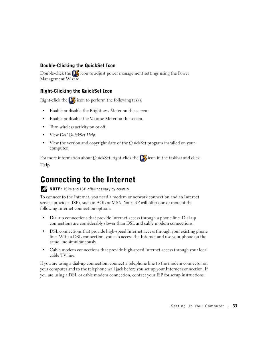Connecting to the internet, Double-clicking the quickset icon, Right-clicking the quickset icon | Dell Inspiron 5100 User Manual | Page 33 / 160