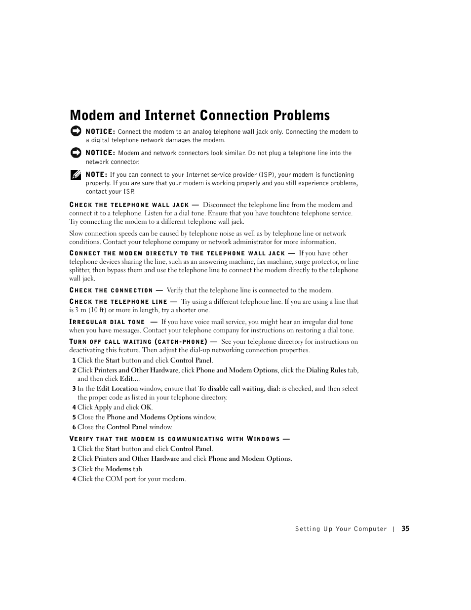 Modem and internet connection problems | Dell Inspiron 5100 User Manual | Page 35 / 160