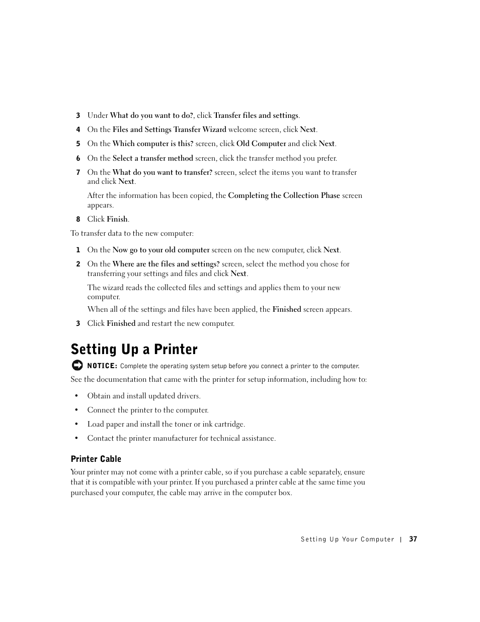 Setting up a printer, Printer cable | Dell Inspiron 5100 User Manual | Page 37 / 160