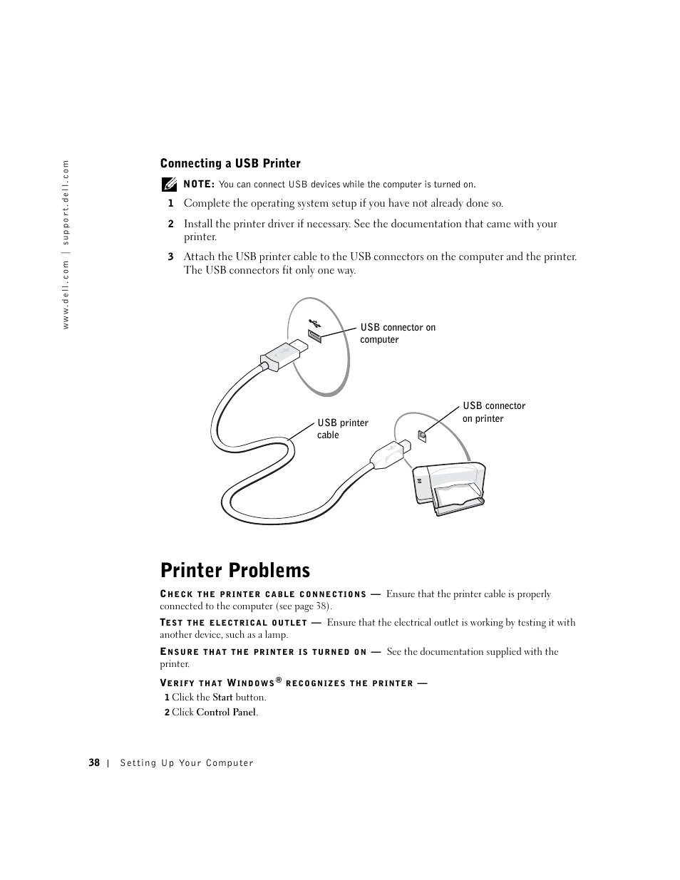 Printer problems, Connecting a usb printer | Dell Inspiron 5100 User Manual | Page 38 / 160