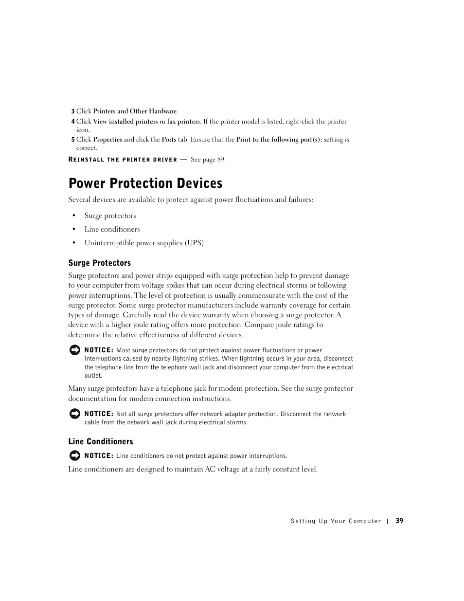 Power protection devices, Surge protectors, Line conditioners | Dell Inspiron 5100 User Manual | Page 39 / 160