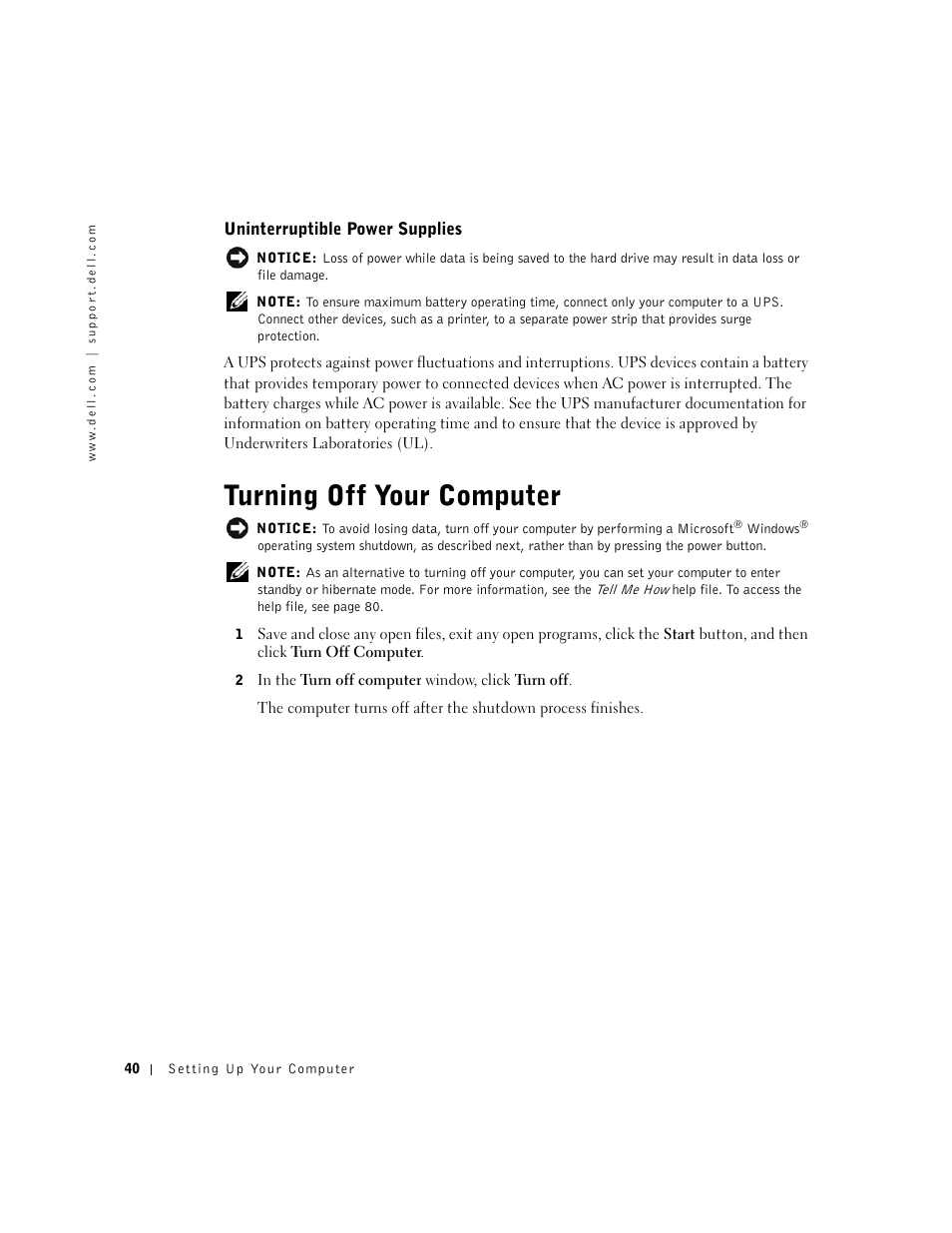Turning off your computer, Uninterruptible power supplies | Dell Inspiron 5100 User Manual | Page 40 / 160