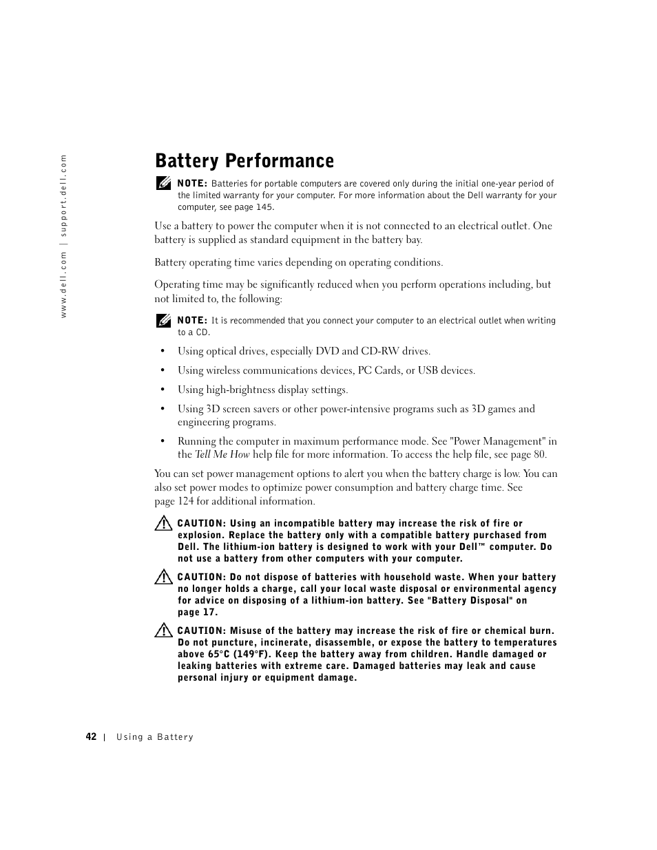 Battery performance | Dell Inspiron 5100 User Manual | Page 42 / 160