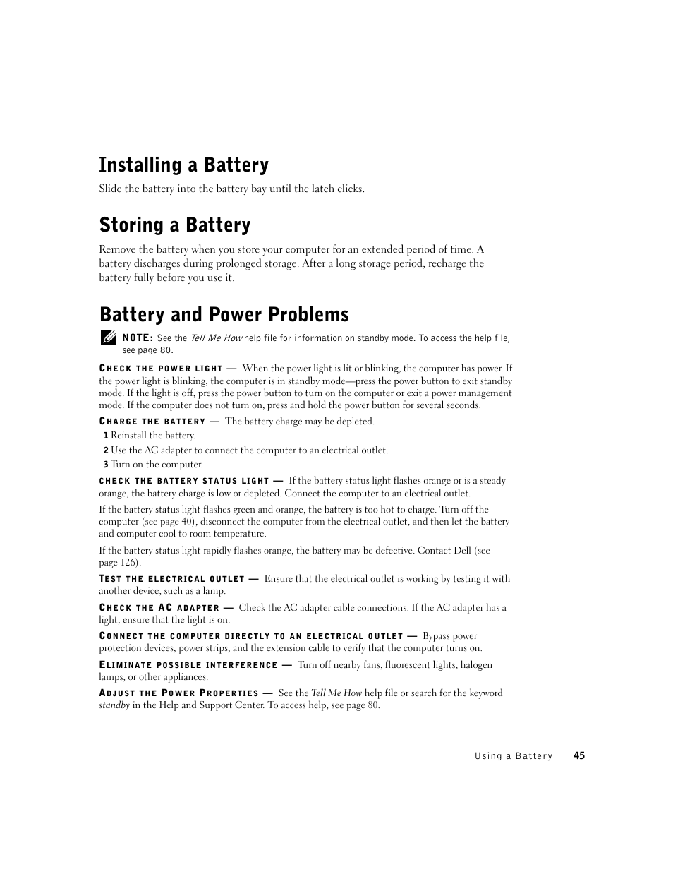 Installing a battery, Storing a battery, Battery and power problems | Dell Inspiron 5100 User Manual | Page 45 / 160