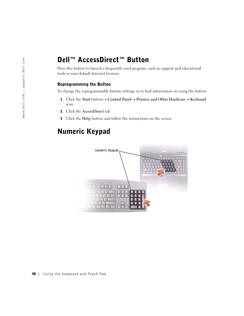 Dell™ accessdirect™ button, Numeric keypad, Reprogramming the button | Dell™ accessdirect™ button numeric keypad | Dell Inspiron 5100 User Manual | Page 48 / 160