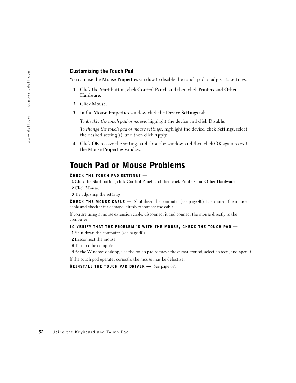 Touch pad or mouse problems, Customizing the touch pad | Dell Inspiron 5100 User Manual | Page 52 / 160