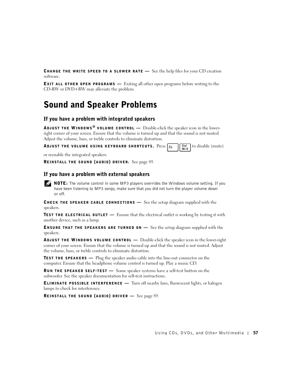 Sound and speaker problems, If you have a problem with integrated speakers, If you have a problem with external speakers | Dell Inspiron 5100 User Manual | Page 57 / 160