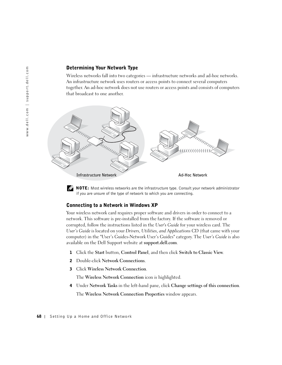 Determining your network type, Connecting to a network in windows xp | Dell Inspiron 5100 User Manual | Page 68 / 160