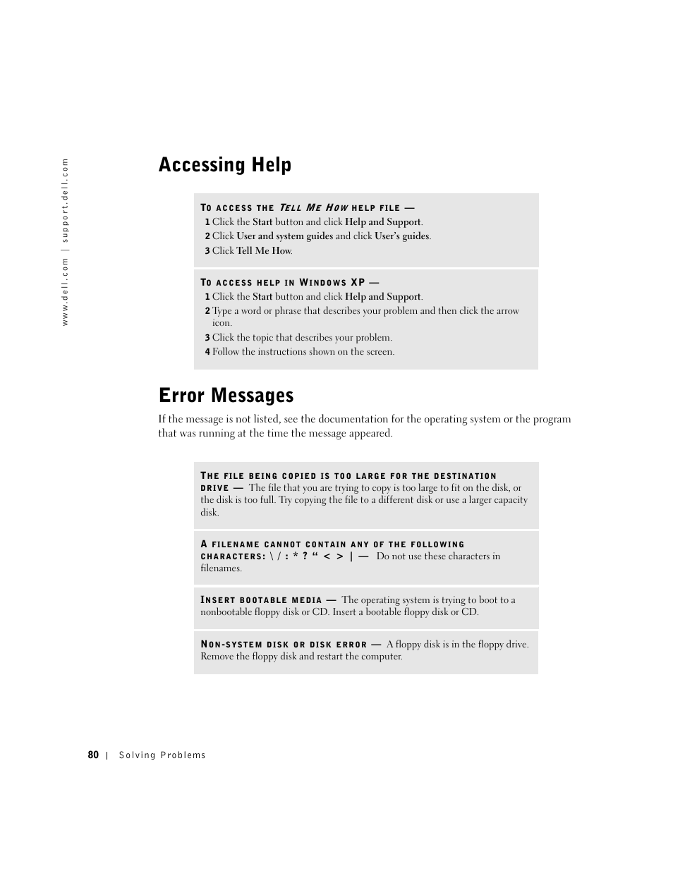 Accessing help, Error messages, Accessing help error messages | Dell Inspiron 5100 User Manual | Page 80 / 160