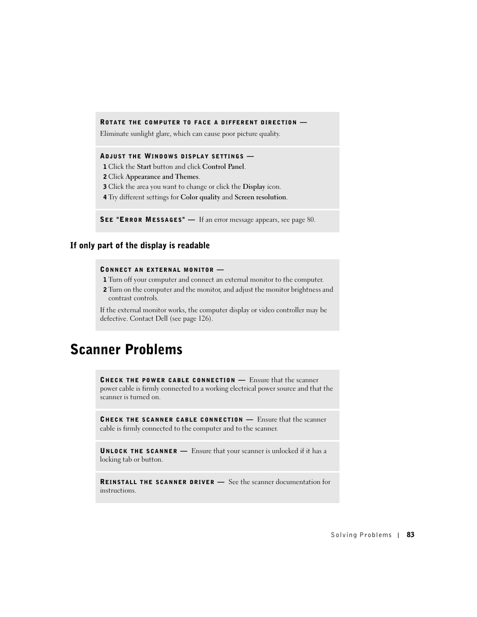 Scanner problems, If only part of the display is readable | Dell Inspiron 5100 User Manual | Page 83 / 160
