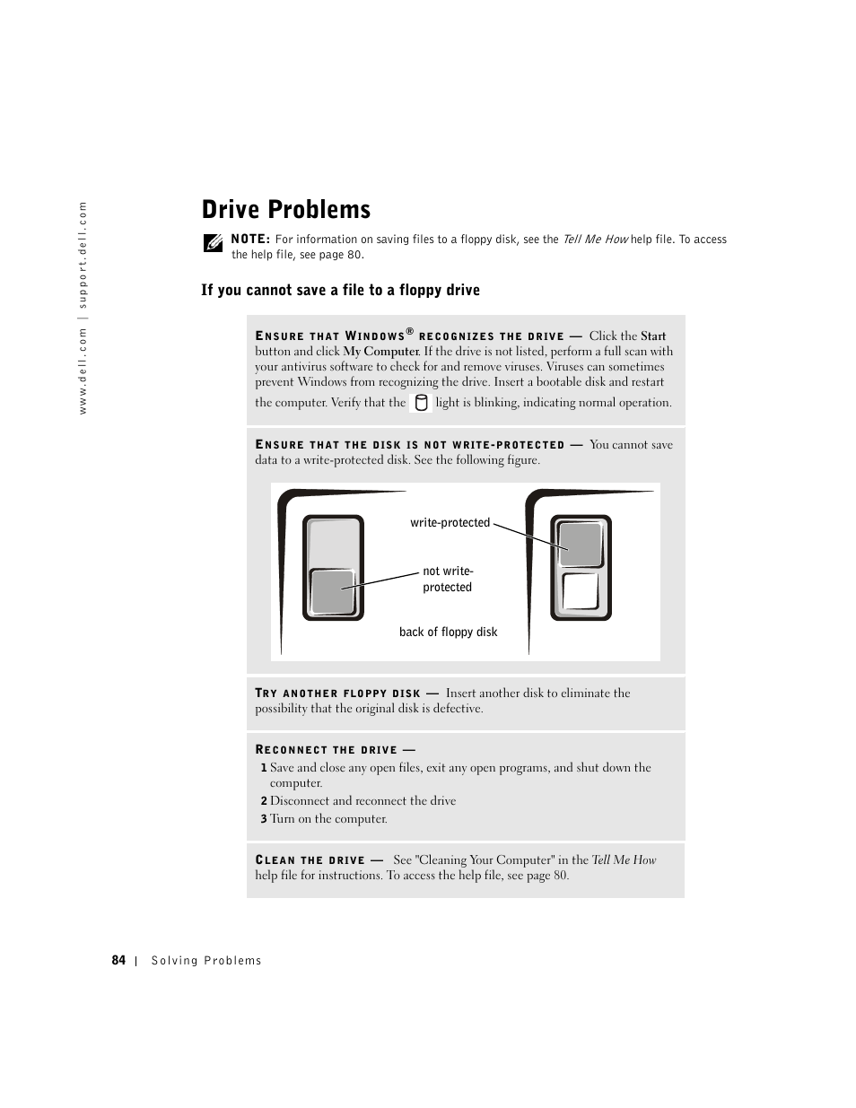 Drive problems, If you cannot save a file to a floppy drive | Dell Inspiron 5100 User Manual | Page 84 / 160