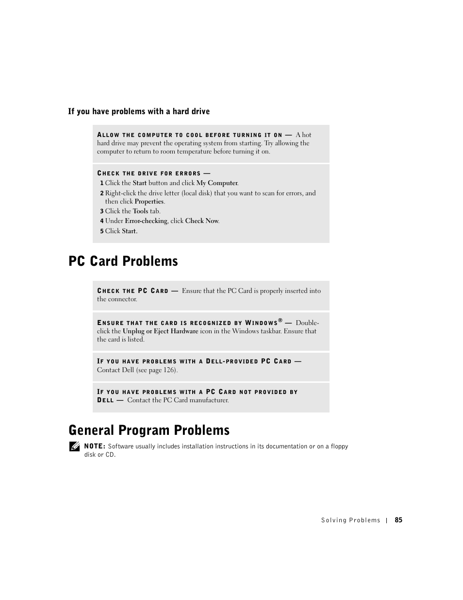 Pc card problems, General program problems, If you have problems with a hard drive | Pc card problems general program problems | Dell Inspiron 5100 User Manual | Page 85 / 160