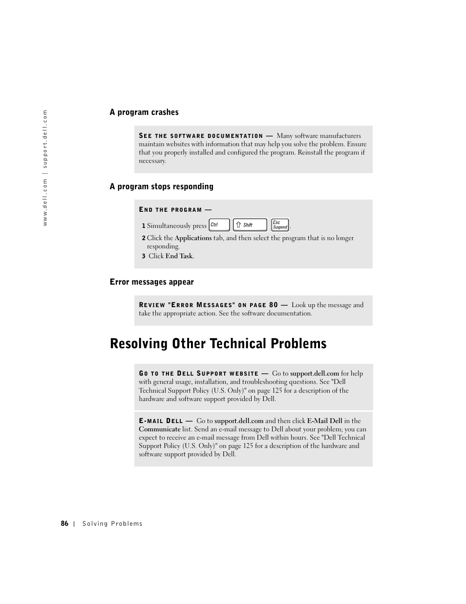 Resolving other technical problems, A program crashes, A program stops responding | Error messages appear | Dell Inspiron 5100 User Manual | Page 86 / 160