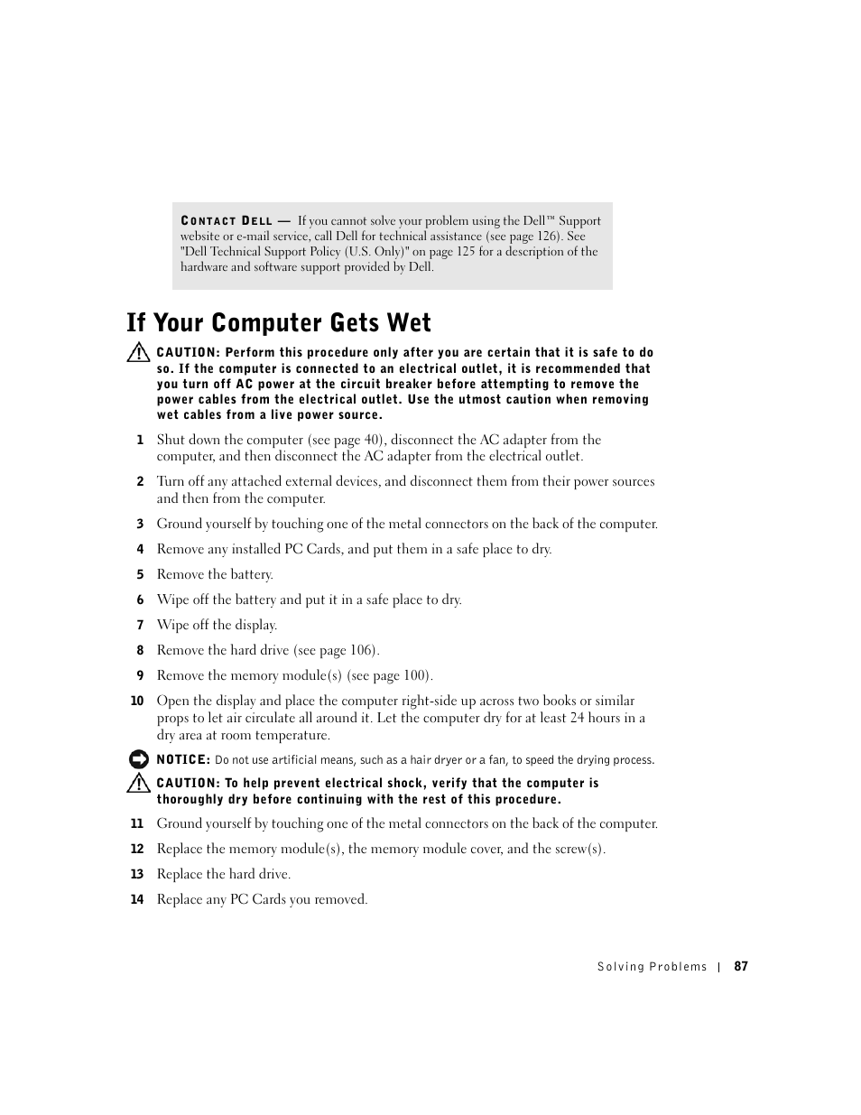 If your computer gets wet | Dell Inspiron 5100 User Manual | Page 87 / 160