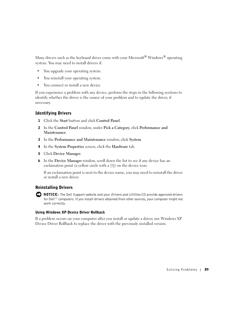 Identifying drivers, Reinstalling drivers | Dell Inspiron 5100 User Manual | Page 89 / 160
