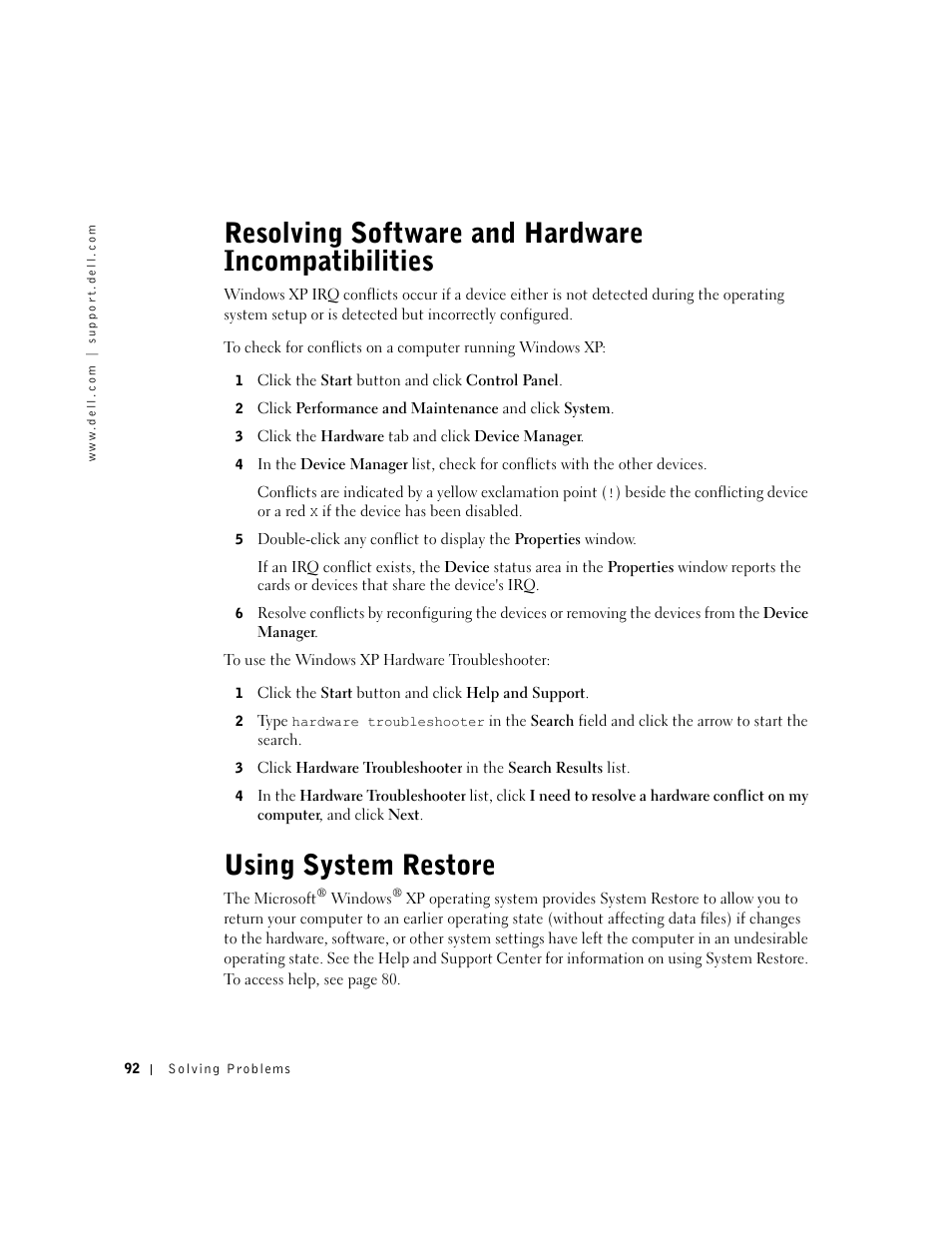 Resolving software and hardware incompatibilities, Using system restore | Dell Inspiron 5100 User Manual | Page 92 / 160