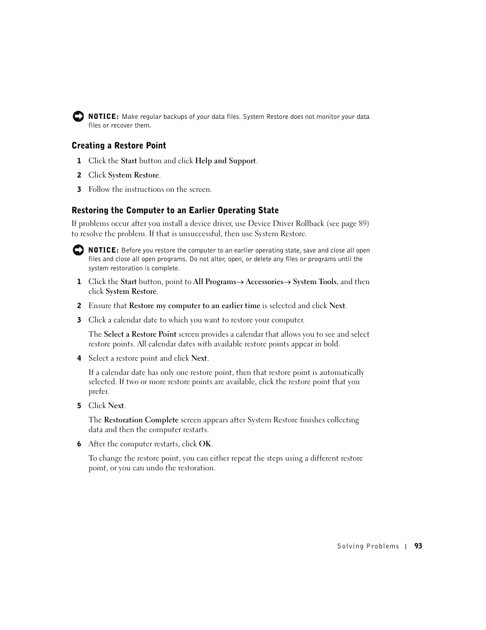 Creating a restore point | Dell Inspiron 5100 User Manual | Page 93 / 160