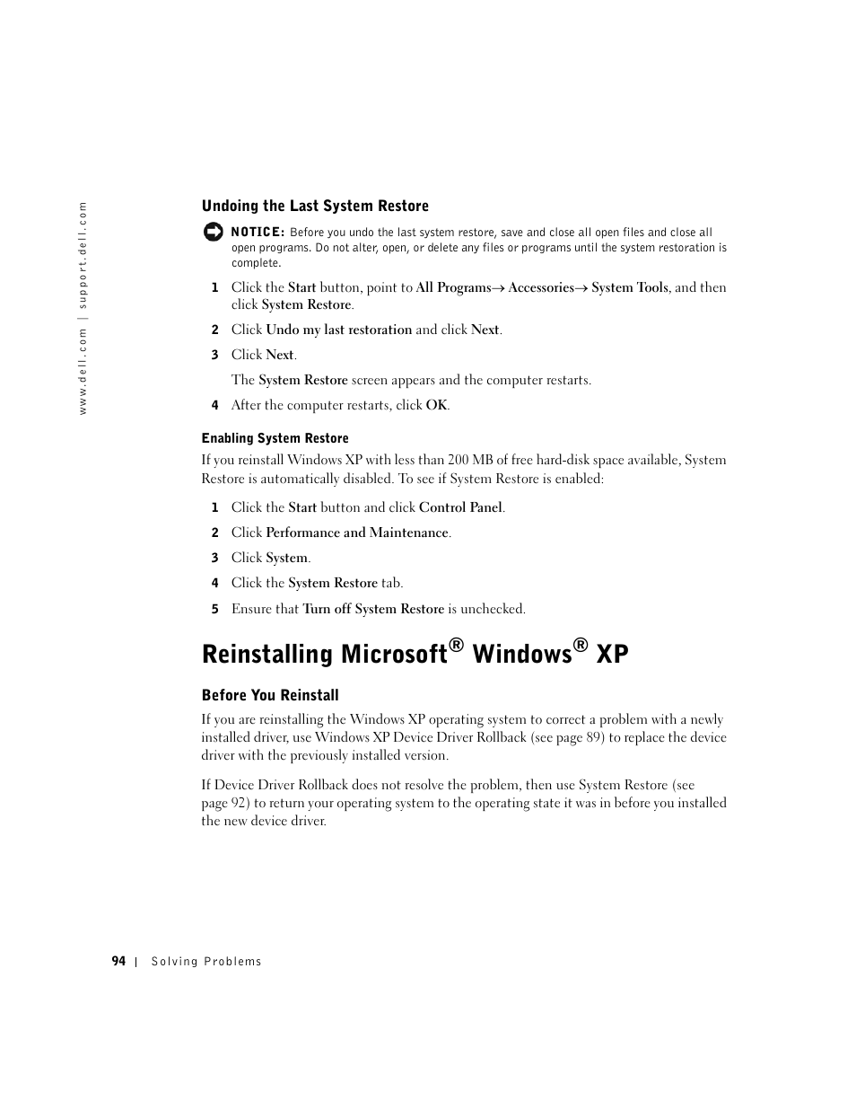 Reinstalling microsoft® windows® xp, Undoing the last system restore, Reinstalling microsoft | Before you reinstall, Windows | Dell Inspiron 5100 User Manual | Page 94 / 160