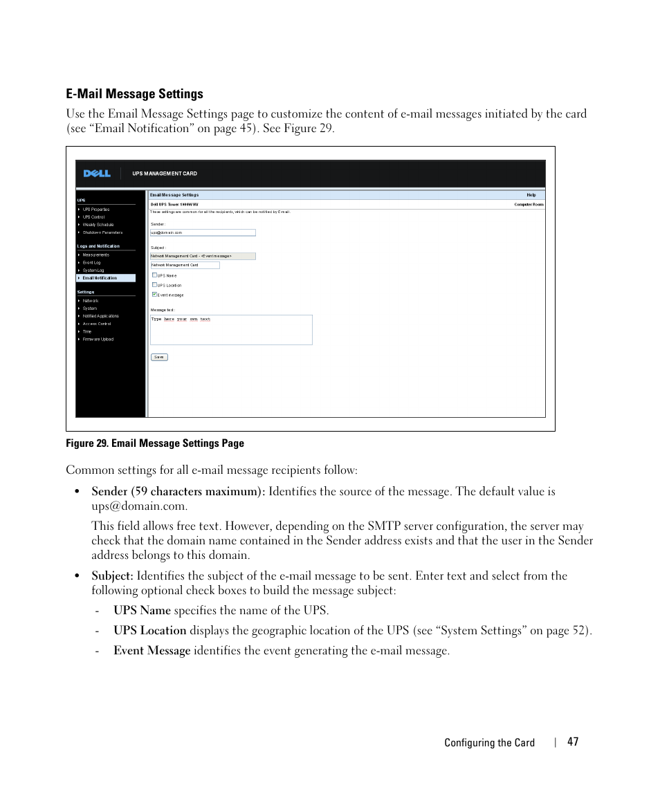 E-mail message settings | Dell UPS 1000T User Manual | Page 47 / 88