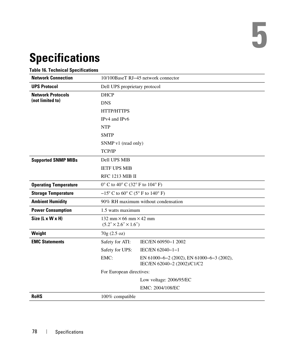 Specifications | Dell UPS 1000T User Manual | Page 78 / 88