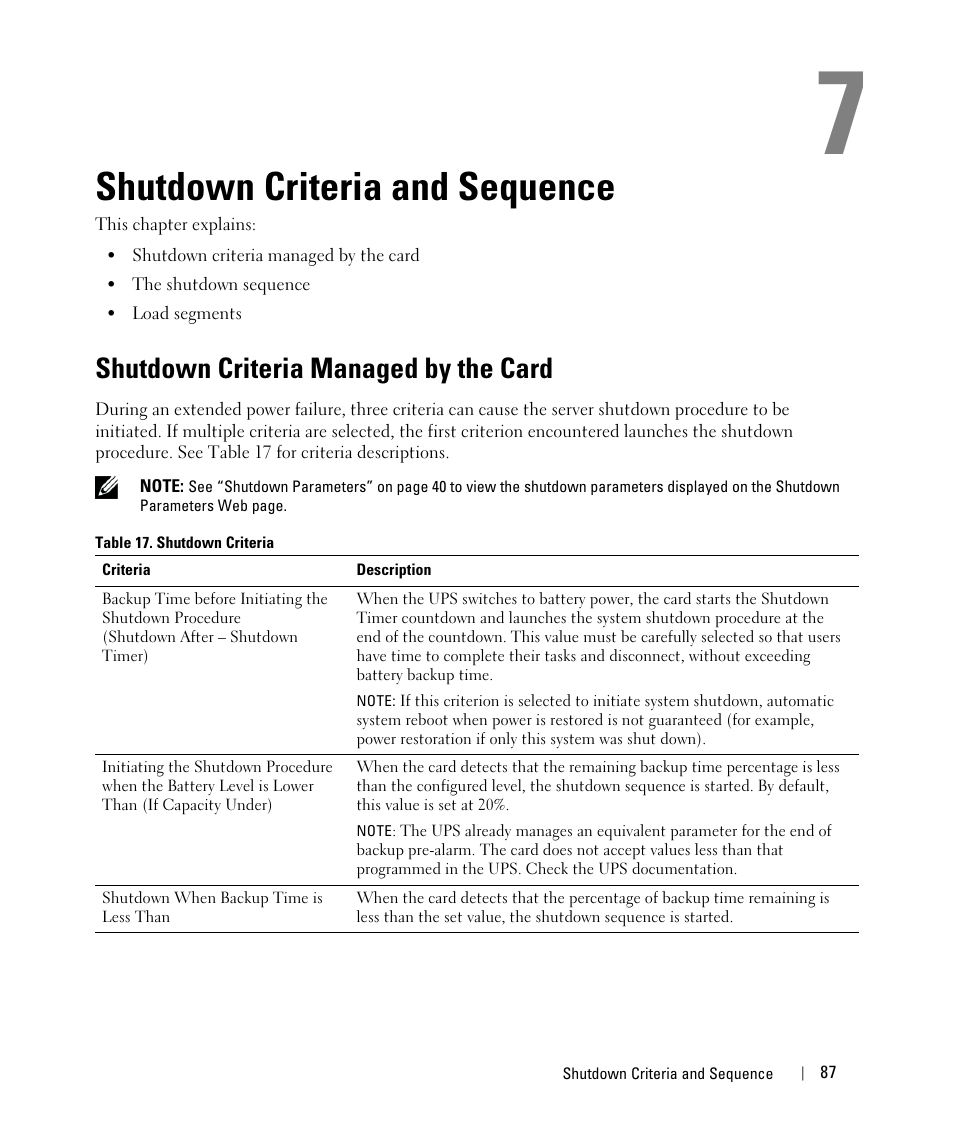 Shutdown criteria and sequence, Shutdown criteria managed by the card | Dell UPS 1000T User Manual | Page 87 / 88