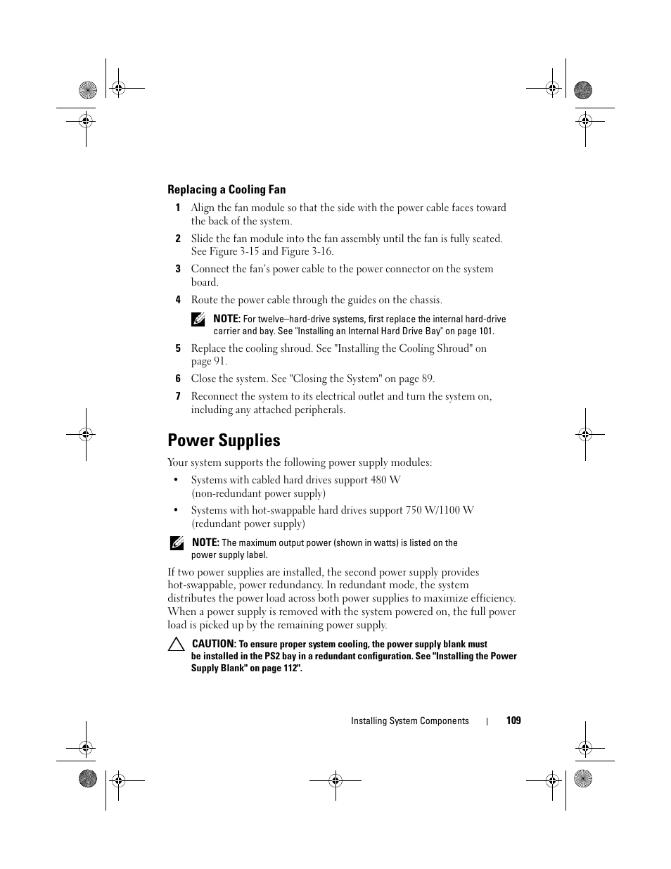 Replacing a cooling fan, Power supplies | Dell PowerEdge R510 User Manual | Page 109 / 216