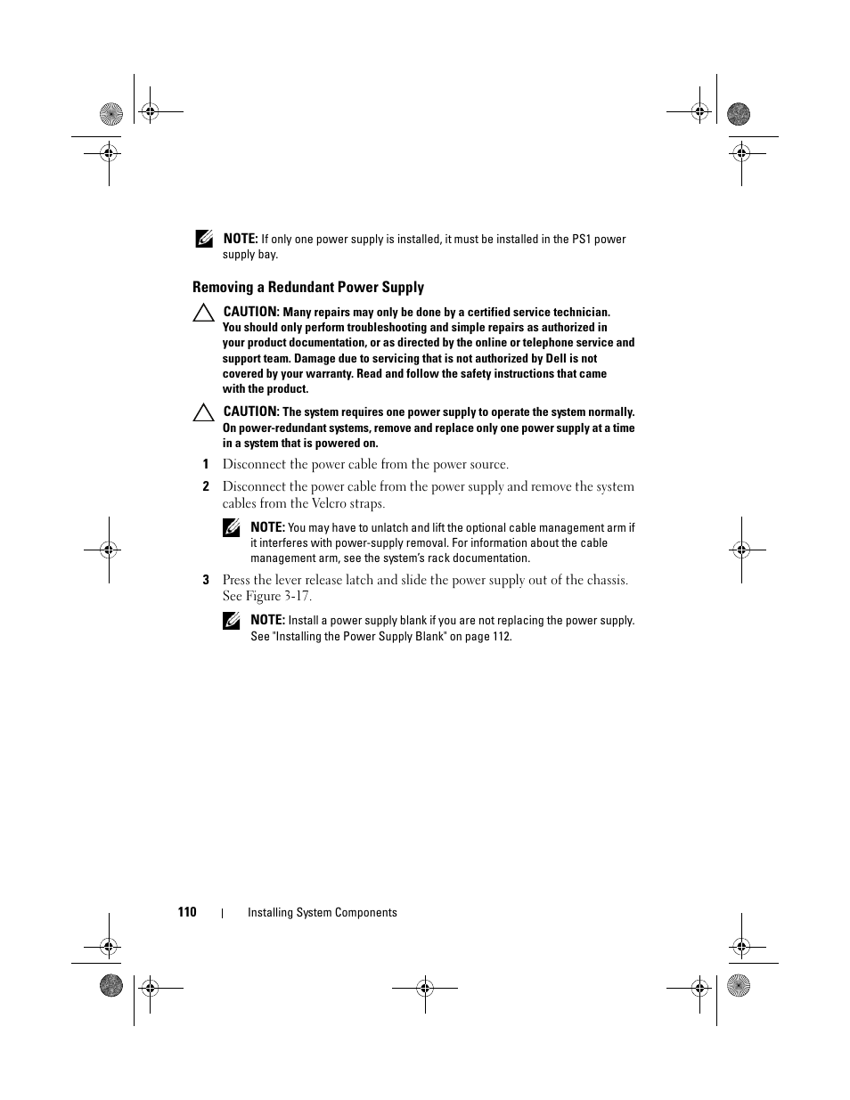 Removing a redundant power supply | Dell PowerEdge R510 User Manual | Page 110 / 216