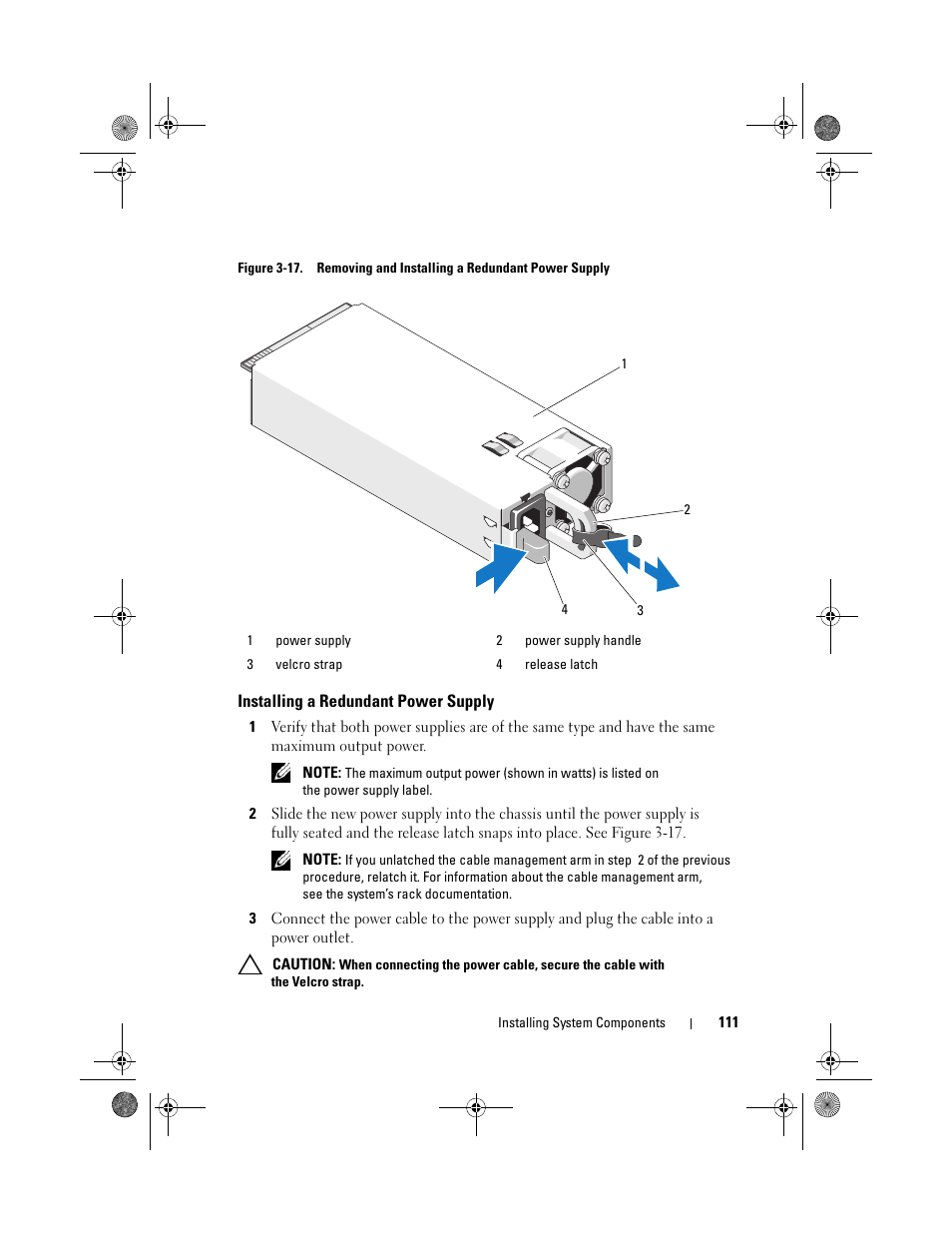 Installing a redundant power supply | Dell PowerEdge R510 User Manual | Page 111 / 216