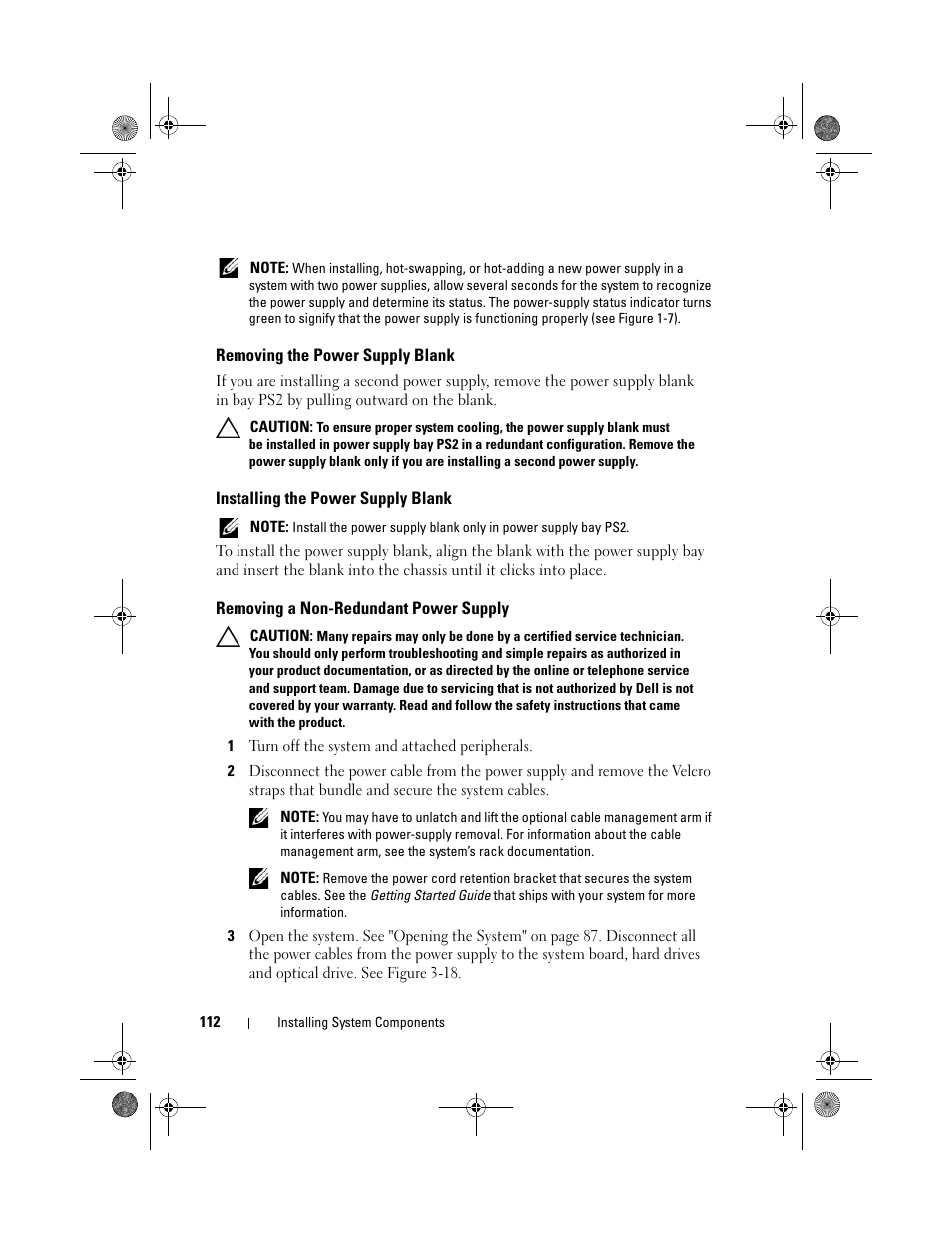 Removing the power supply blank, Installing the power supply blank, Removing a non-redundant power supply | Dell PowerEdge R510 User Manual | Page 112 / 216