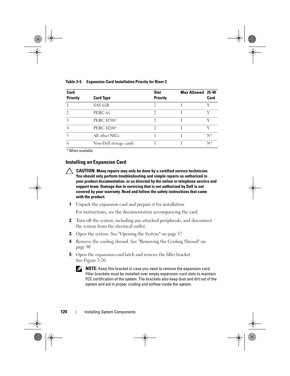 Installing an expansion card | Dell PowerEdge R510 User Manual | Page 124 / 216