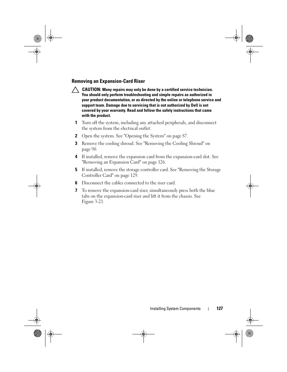 Removing an expansion-card riser | Dell PowerEdge R510 User Manual | Page 127 / 216