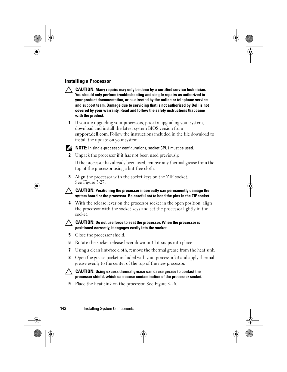 Installing a processor | Dell PowerEdge R510 User Manual | Page 142 / 216