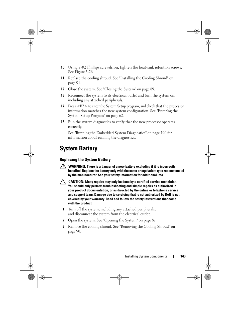 System battery, Replacing the system battery | Dell PowerEdge R510 User Manual | Page 143 / 216