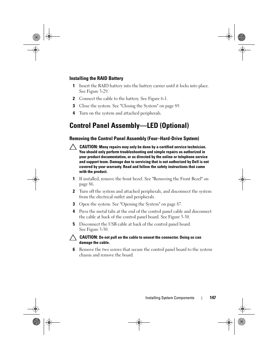 Installing the raid battery, Control panel assembly-led (optional), Control panel assembly—led (optional) | Dell PowerEdge R510 User Manual | Page 147 / 216