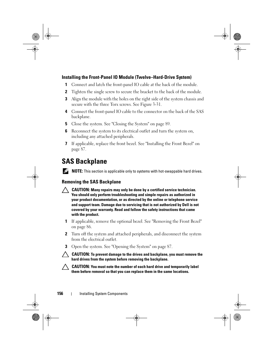 Sas backplane, Removing the sas backplane | Dell PowerEdge R510 User Manual | Page 156 / 216