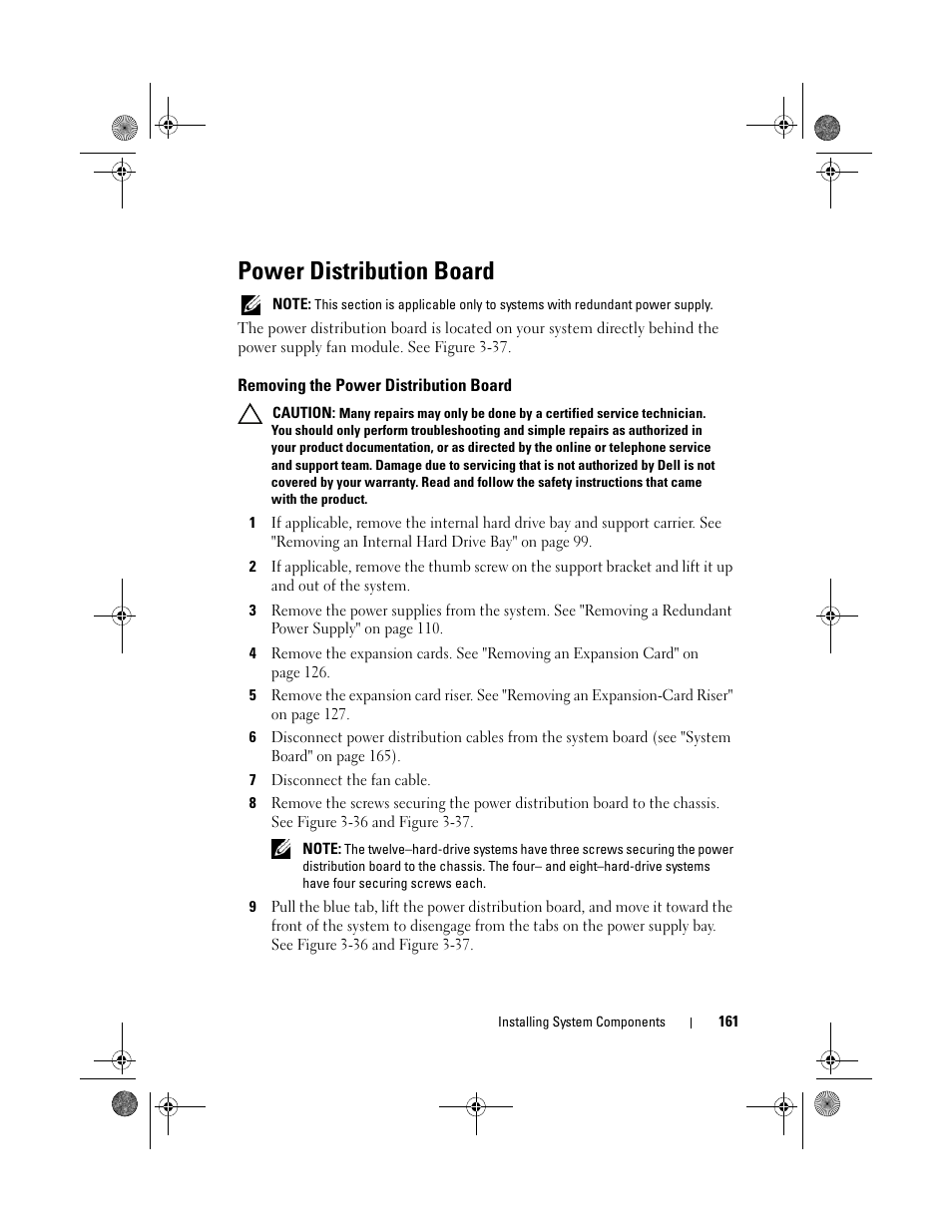 Power distribution board, Removing the power distribution board | Dell PowerEdge R510 User Manual | Page 161 / 216