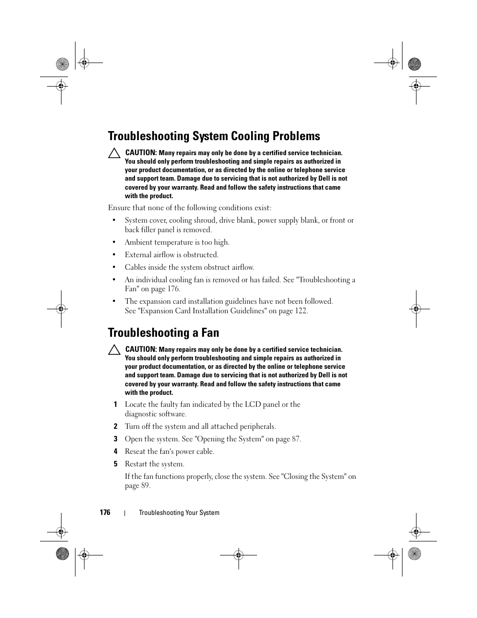 Troubleshooting system cooling problems, Troubleshooting a fan | Dell PowerEdge R510 User Manual | Page 176 / 216