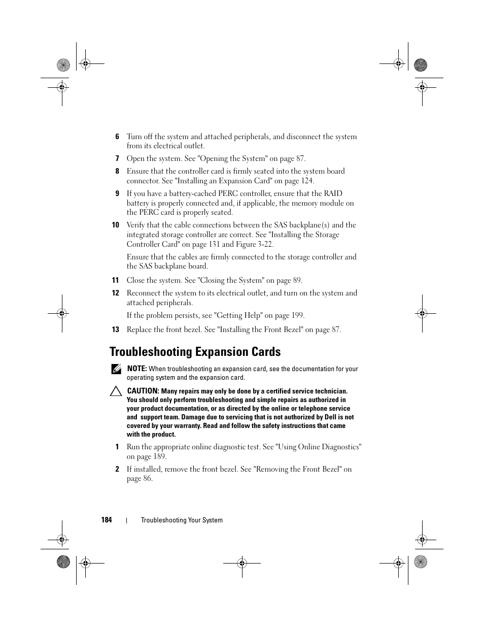 Troubleshooting expansion cards | Dell PowerEdge R510 User Manual | Page 184 / 216