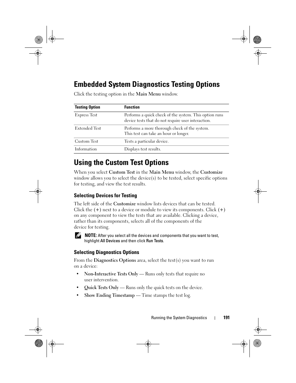Embedded system diagnostics testing options, Using the custom test options, Selecting devices for testing | Selecting diagnostics options | Dell PowerEdge R510 User Manual | Page 191 / 216